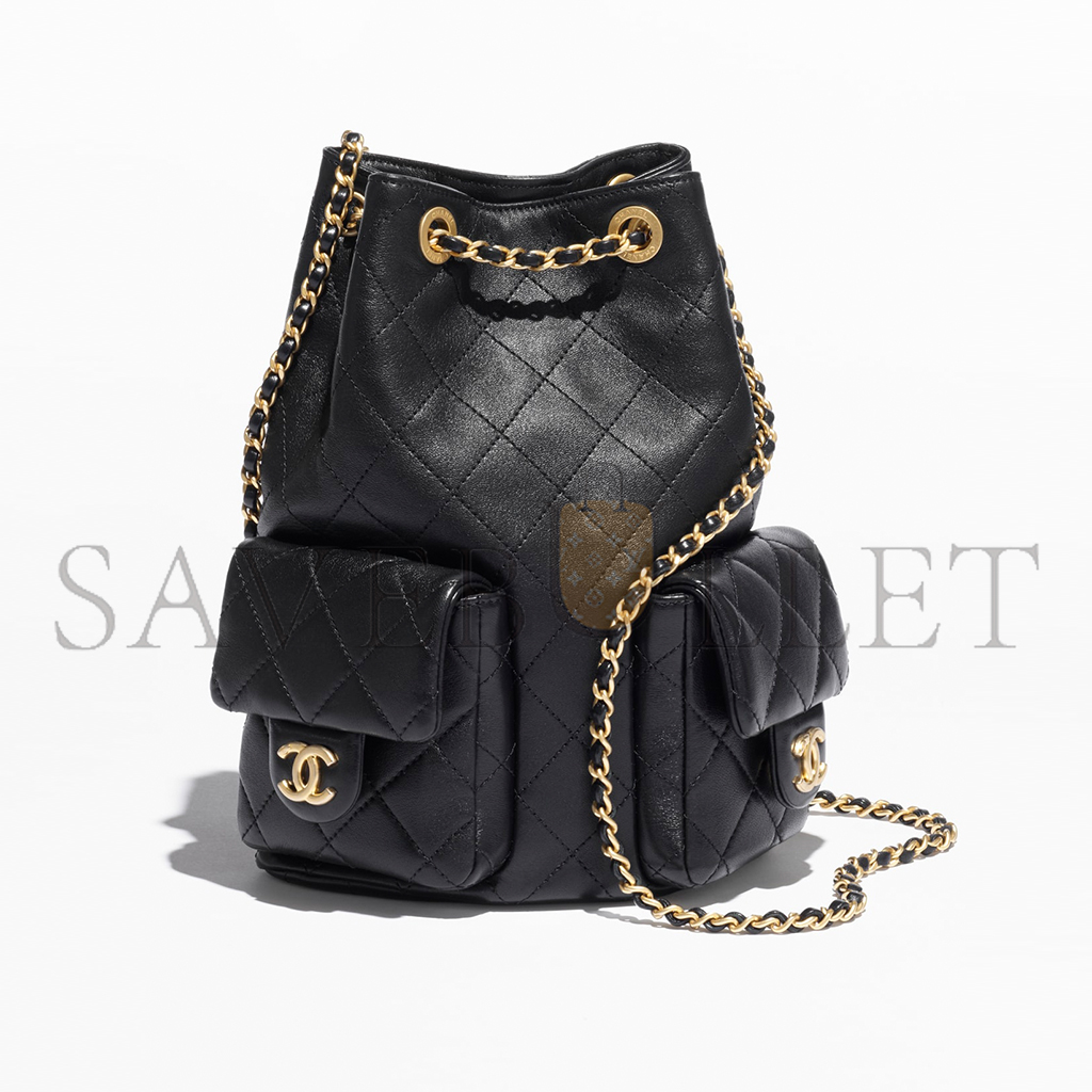 Ch*el black backpack shiny lambskin & gold-tone metal as5310 (24.3*18*7.8cm)